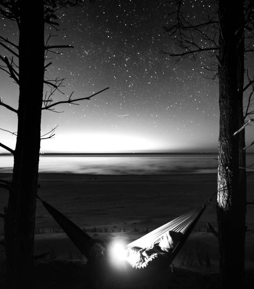 A peaceful scene of a hammock under a starry sky at night by the sea, framed by trees.